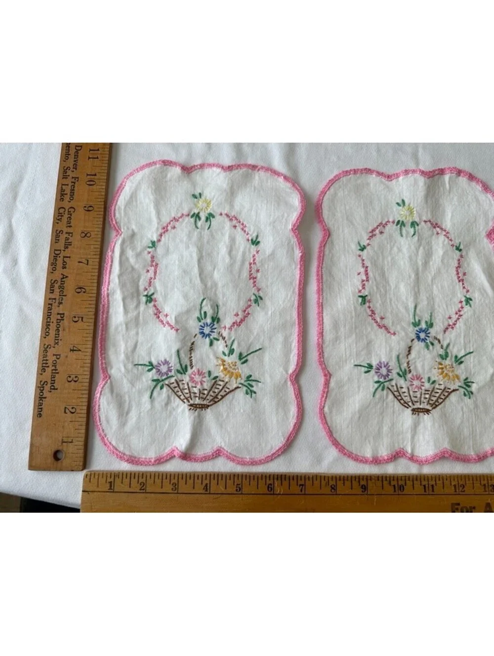 Vintage Hand Embroidered Dresser Lot Pink Flowers Basket Floral Leaves Green